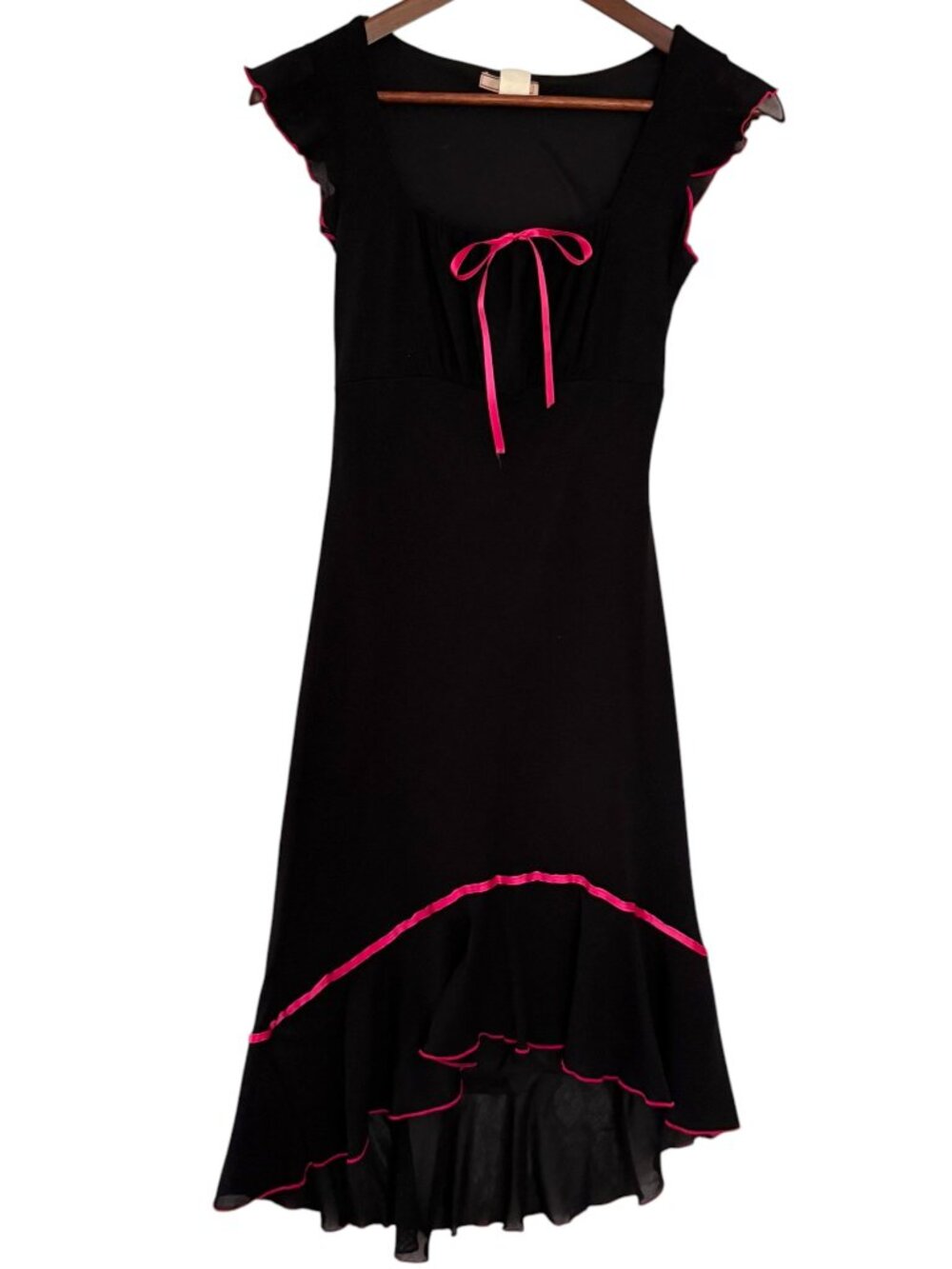 Vtg Y2K Milkmaid Midi Dress S Black Pink Ribbon Trim Coquette Hi Low Hem Mesh